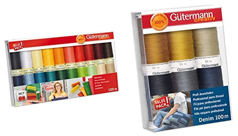 Gütermann creativ Nähfaden-Set mit 20 Spulen Allesnäher 100 m in Inges Lieblingsfarben & Nähfaden-Set mit 6 Spulen Profi-Jeansfaden Denim 100 m in den typischen Jeanssteppfarben