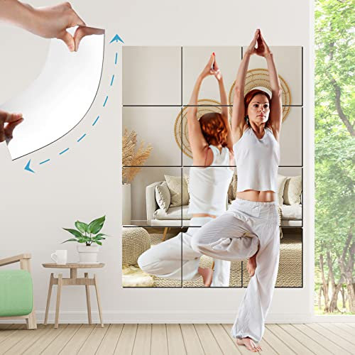 SLHOWOW 12 pcs 12x12 Acrylic Wall Mirrors, Floor Mirrors for Walls 12x12 Full Length Wall-Mounted Frameless Wardrobe Door Large Long Mirror Home Workout Gym Mirror Dorm Tile Self Adhesive