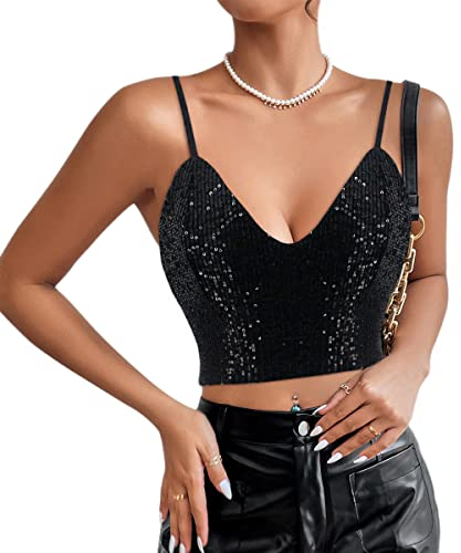 Naimo Damen Glitzer Pailletten Crop Top Ärmellos V-Ausschnitt Spaghettiträger Tank Tops Weste Party Rave Sparkle Camisole