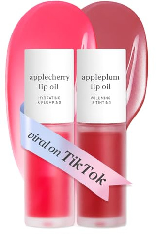 NOONI Korean Vegan Lip Oil - Applecherry & Appleplum | Lip Stain, Gift, Long-Lasting, Moisturising, Plumping, Revitalising for Dry Lips, Waterproof, No Peel Off, 0.12 Fl Oz