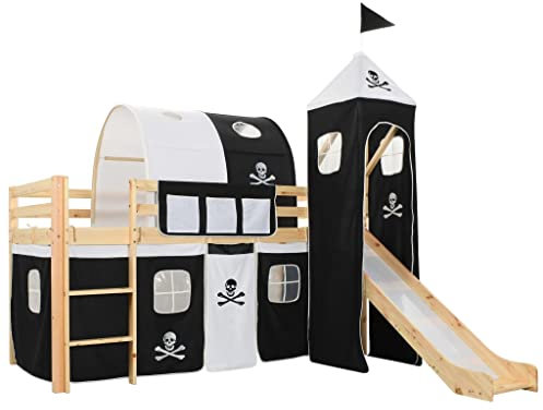 RAUGAJ Kinderbett Hochbett mit Rutsche & Leiter Kiefernholz 97x208 cm Artikelfarbe Schwarz und Weiß