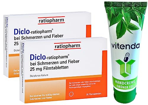 DICLO-RATIOPHARM 25mg 2x20 Tabletten inclusive einer Handcreme von vitenda - bei Schmerzen und Fieber