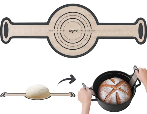 Verbesserte Silikon-Brotschlinge, Dutch Oven Liner, Sauerteig-Backzubehör, wiederverwendbar, antihaftbeschichtet, Gusseisenblech, extra lange Griffe, größere Größe 21,6 cm Durchmesser (Grau, 1)