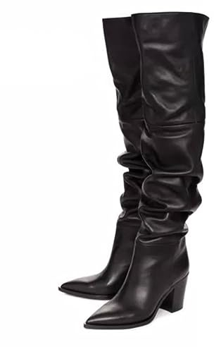 Stivali Lunghi A Punta con Tacco Grosso da 7 Cm, Stivali alla Moda con Tacco Alto Stivali Invernali sopra Il Ginocchio da Donna,Nero,45 EU