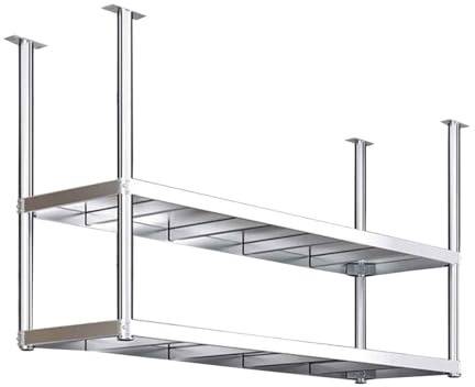 Deckenregal Hängeregal, Schwebendes Regal aus Edelstahl, 2-stufiges Lagerregal zur Deckenmontage, industrielle Ausstellungsregale für Aufhängen von Töpfen und Pfannen für Küche, Bar, Café-Wandregale (