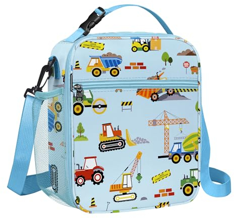 Clastyle Bolsa Termica Porta Alimentos Bebe Coche Bolsa Almuerzo Infantil Niños Camión Portátil Bolsa Comida para Viaje Picnic Guarderia,Construcción Azul