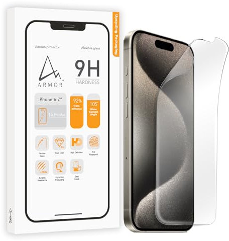 ARMOR Protector de pantalla de cristal flexible para iPhone 15 Pro Max, 9H con HD