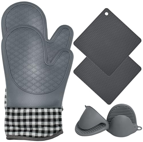 AICMEI Silicone Oven Mitts and Pot Holders Sets, Extra Long Heat Resistant Oven Gloves with Hot Pads and Mini Oven Mits Set for Kitchen Cooking Baking, Soft Quilted Lining-6PCS (Gray)