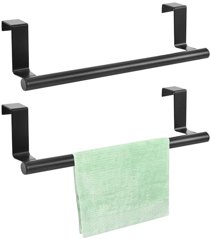 Pizsieat 2 Pièces 36cm Barre Porte Torchon Cuisine Porte Serviette à Suspendre sans Percage Support Accroche Torchon Porte Serviette de Porte en Acier Inoxydable pour Cuisine et Salle de Bain (noir)