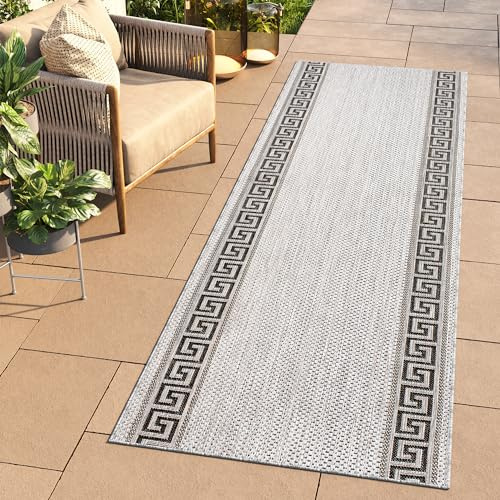 TAPISO Melissa Teppich Läufer Flur Outdoor Indoor Grau Schwarz Griechisch Mäander UV-beständig Wetterfest Terrasse Wohnzimme ÖKO-TEX 70 x 100 cm