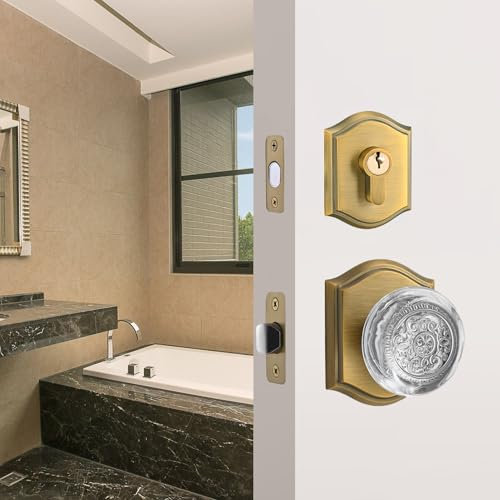 CLCTK Crystal Glass Passage Door Knob and Single Cylinder Deadbolt Combo Set, Antique Brass Finish