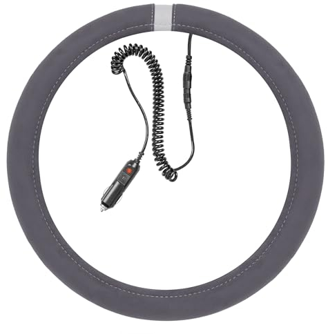 MACHSWON Warm Grip Heated Steering Wheel Cover – Hand Warming Steering Wheel Protector, Heats up Quickly - Fits Wheels 14.5-15.5 for Car Truck Van SUV (Gray)