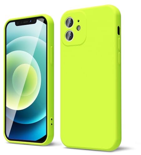 oakxco for iPhone 12 Case Liquid Silicone, Fluorescent Bright Solid Color, Soft Rubber Gel Elegant Aesthetic Cover, Slim TPU Matte Plain Smooth Case for Women Girl Cute, Neon Green