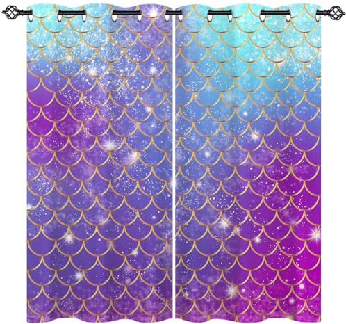 ANHOPE Meerjungfrau Fisch Skala Vorhänge mit Ösen Kinder Mädchen Gardinen Blickdichte Thermo Vorhang Blackout Curtain Schlafzimmer Wohnzimmer Verdunklungsvorhänge 2er Set H 175 x B 140 cm