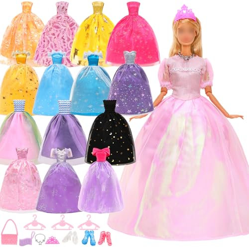 Miunana 15 Puppenkleidung Puppen Party Kleider Abendkleider Kleidung Puppenzubehör Schuhe Kronen Handtasche Halskette Kleiderbügel für 11,5 Zoll Puppen