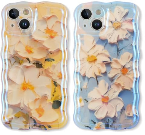 Buoluoioir 2 Pezzi Cover per Apple iPhone 15 6,1,Fiore Lindo Patrón Custodia Motivo Aesthetic Disegno Morbida Silicone Cellulare Protection Case per Donne,2