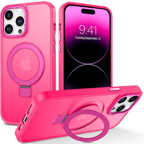 BENTOBEN Funda para iPhone 14 Pro Max Magnética [Compatible con MagSafe]Carga Inalámbrica Carcasa iPhone 14 Pro Max Funda con Anillo Soporte Invisible Protección Translúcido Mate AntiGolpes-Rosa Roja