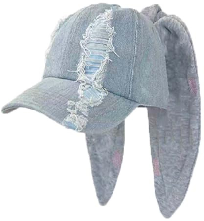 WUODHTW Y2k Baseballkappe mit Ohren, Metall, Eisenring, Kette, Used-Look, Denim, Baseballkappe, Sonnenkappe, Hiphop-Tanzhut, Hasenhut