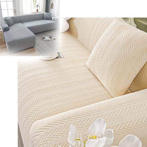 ZIUSFAC Sofaschoner Sessel Protector L Form Sofaüberwurf Antirutsch Sofaschutz Decke Mehrzweck Couch Überzug Jacquard Sofabezug Mit Kissenbezug(Beige,3 Seat+4 Seat)