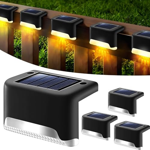 OUZHOU Solar Fence Lights, 4 Pack Solar Deck Lights Outdoor IP65 Waterproof, Outdoor Garden Light for Deck Stair Fence Railing Pathway Wall Garden Backyard (Warm)