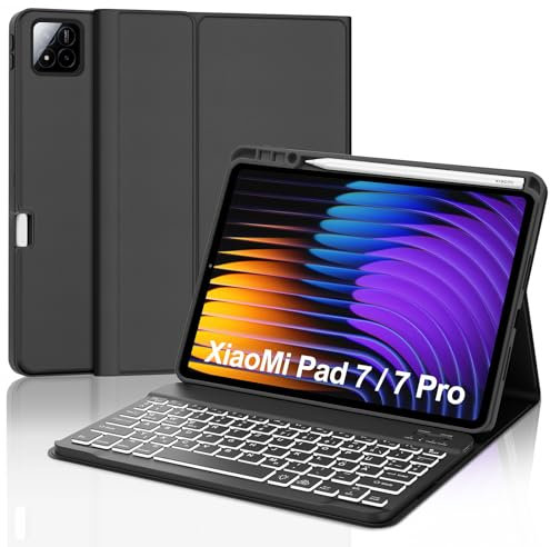 WAVATA Tastatur für Xiaomi Pad 7/7 Pro 2024 11.2 Keyboard Cover, Hülle mit Tastatur für Xiaomi Pad 7 Pro Magnetische Beleuchtete Bluetooth Abnehmbare QWERTZ Layout, Schwarz