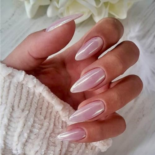 Chrome Press On Nails Almond, SXVME Glazed Light Pink Press On Nails Medium, Glitter Shine Fake Nails Medium Cute, Acrylic Natural Fit Stick on Nails for Women Daily & Party Wear