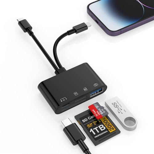 4-IN-2-SD-Kartenleser für iPhone iPad, SD-TF-Micro-SD-Kartenleseradapter mit SD-Micro-SD-Typ-C-USB-A-Anschlüssen, USB-C-Speicherkartenleser für iPhone 16/15, weitere USB-C-/Typ-C-Geräte Card Reader