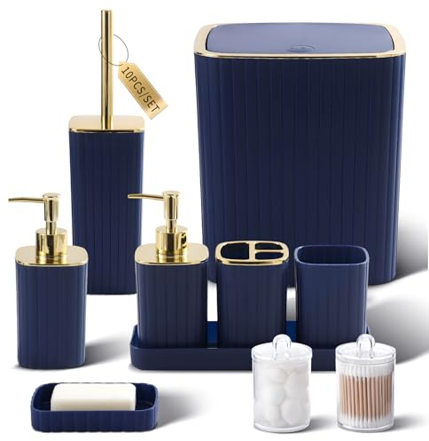 XLHOMO Bathroom Accessories Set - Gorgeous Navy Blue Bathroom Set, 10PC | Blue Bathroom Set, Bathroom Accessories, Toilet Brush, Press Up Lid Trash Can, Qtip Holder & Soap Dispenser