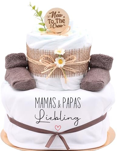 Trend Mama | Windeltorte | Nature Design | Spruch wählbar| Lätzchen, Kuschelsocken |Geschenk Geburt (Design| Mamas & Papas Liebling)