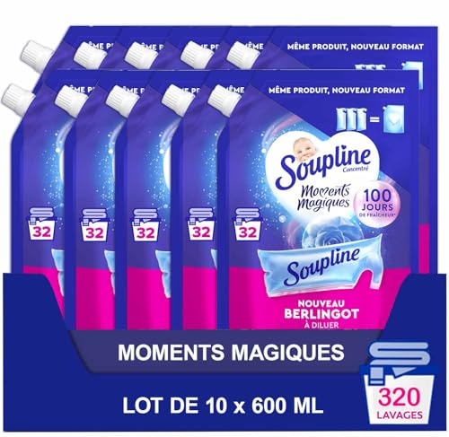 Soupline, Assouplissant Éco-Recharge à Diluer, Câlin d'Amour, 10 x 600 ml | Berlingots d'adoucissant à diluer avec de l'eau, Fraîcheur longue durée 100 jours, Parfum Intense
