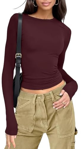Womens Long Sleeve Tops Slim Fit Crop Blouse Round Neck Basic Shirts Solid Color Casual Tees(Wine Red,L)