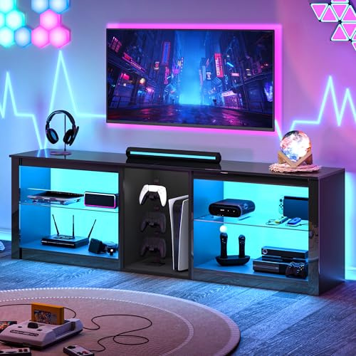 Clikuutory 63 inch High Gloss LED TV Stand for 50 55 60 65 70 75 inch TV, Gaming Entertainment Center for PS5, TV Cabinet with Glass Shelves for Living Room, Bedroom, Bright Black