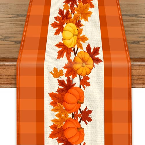 PYSEOSISE Herbst Tischläufer, 183x33 cm Herbst Tischdeko, Kürbis und Ahornblatt Läufer Herbstdeko Küche Tisch Dekoration für Erntedankfest Halloween Herbstpartys Hochzeiten