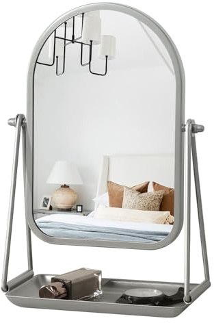Gosider Vanity Mirror for Dresing Table Silver Makeup Mirrors with Tray | Small Desktop Vanity Mirror, 360 Degree Swivel, Storage Base, For Office Bathroom Bedroom Apartment