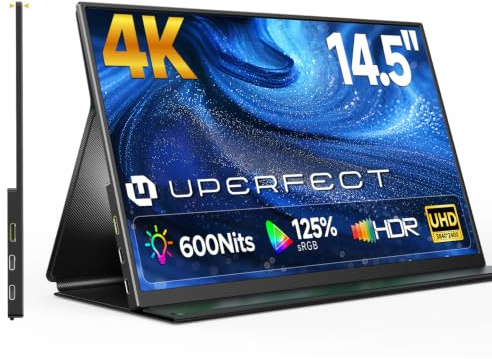 UPERFECT 14.5 4K Portable Monitor, Aluminium 600 Nits 3840x2400 UHD Matte 16:10 Travel Screen w/Smart Cover, 1.06B Colours, USB-C Mini HDMI Metal Frame External Display for Laptop/PC/Phone/Game