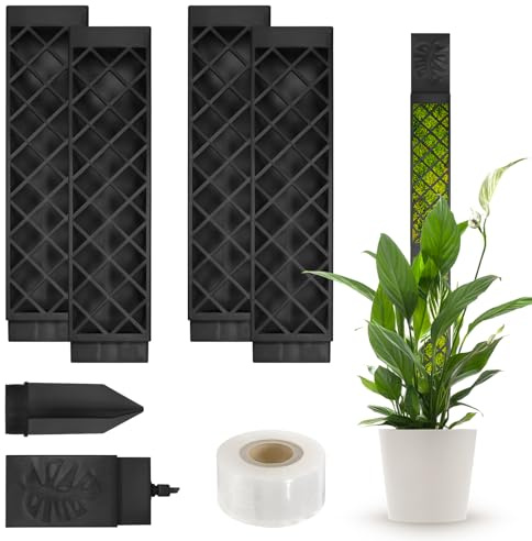 Selbstbewässernder Moosstab für Monstera & Efeutute, 4 Stück mit Bewässerungshilfe, Bodenspitzen und Befestigung, Rankhilfe für Kletterpflanzen (Schwarz)