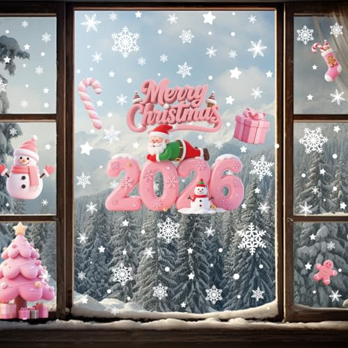 Christmas Window Stickers Santa Claus Snowman Reindeer Xmas for Cars Decoration Party (2026 Pink)