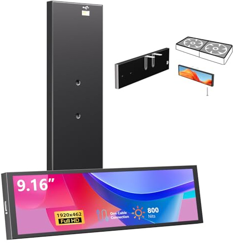 9.16 Computer Temp Monitor, FHD 1920x462 PC Sensor Panel One-Cable Connection(No HDMI Needed), Stretched Bar LCD Dynamic Theme Supported, IPS Mini Secondary Screen for CPU RAM HDD Data Aida64 (Black)