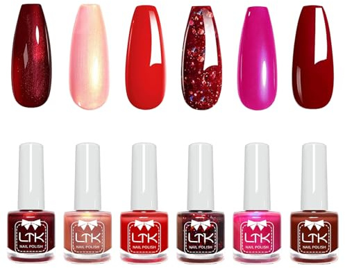 6PCS Red Nail Polish Set, Nail Varnish Quick Dry, Christmas Red Nail Polish With Sparkle Glitter Mermaid Burgundy Pink, No UV Light Needed Chip Resistant Long Lasting Nail Art Gift For Women Girls