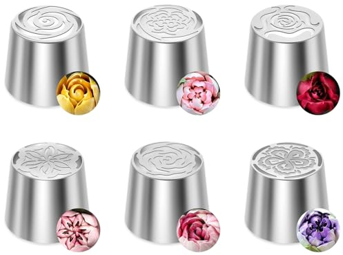 6Pcs Russian Piping Nozzles Set Extra Large Flower Frosting Stainless Steel Layered Rose Icing Tip Cake Decorating Tools for Cakes Dessert Cookies, DIY Baking Decoration Supplies Kit(6pcs)
