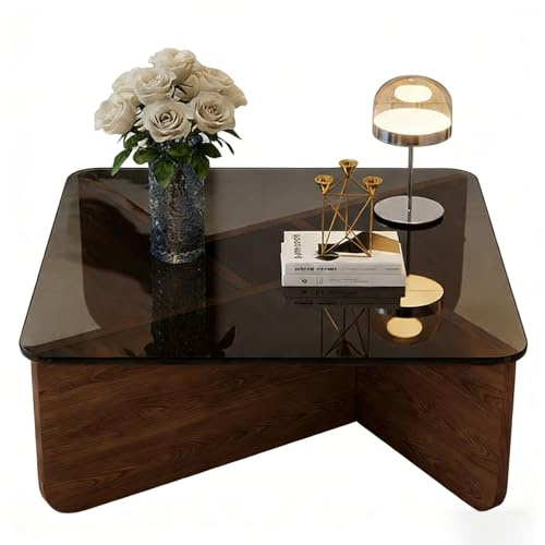NEHCFO Mesa De Centro Cuadrada De Cristal Templado con Base De Madera Maciza, Resistente A Arañazos, Fácil De Montar, Mesa De Centro Moderna para Salón, Pequeños Espacios(Gray+Brown,80cm)