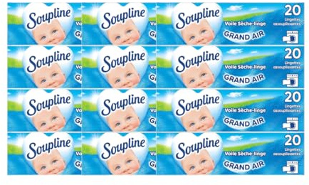 SOUPLINE Voile Sèche-Linge Adoucissant Grand Air, Parfume le Linge de Maison, Parfum Longue Durée,Complément Idéal à Votre Lessive et à Votre Adoucissant Linge, 240 Lingettes Soupline Grand Air
