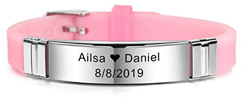 MeMeDIY 13mm Large Identification De Nom De Sport Réglable en Silicone Bracelet Personnalisé pour Homme Femme Enfant Caoutchouc en Acier Inoxydable - Gravure Personnalisée (Rose Couleur)
