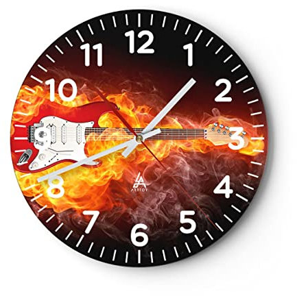 Modern Wanduhr Flammen Gitarre Instrument 40x40cm Rund Groß Wand Uhr Glas Analog Zimmeruhren Küche Büro Wohnzimmer Glasuhr Wall Clock Dekoration Design Wanddekoration Küchenuhr C4AR40x40-0196