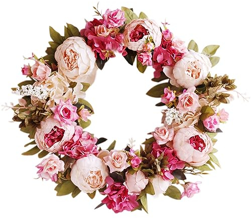 Yokoke Pfingstrosen-Kranz mit Rosen, 40,6 cm, handgefertigt, Vintage, künstliche Blumen, Girlande, Kranz, schöne Seide für Frühling und Sommer, Kranz, Display (Pink)