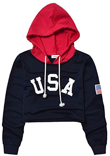 Perfashion Damen USA Flagge Cropped Hoodie Tops 4th Juli Crop Sweatshirts - Blau - Medium