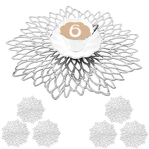 Mangata manteles Individuales y Posavasos Plata Redondo, 38 cm salvamanteles Individuales Vinilo para Navidad, Aniversarios, cenas, restaurantes, hoteles (Lavable, Juego de 6)
