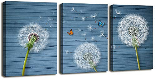 Pusteblumen-Wandkunst für Wohnzimmer und Schlafzimmer, 3-teilig, blaue Badezimmer-Bilder, Wanddekoration, moderne gerahmte Blumen, Gemälde, Leinwanddruck, rustikale Dekoration für Büro und Zuhause