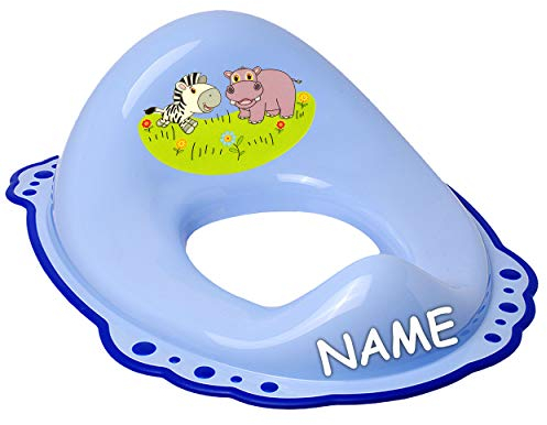 ANTI RUTSCH - Toilettensitz/Toilettenaufsatz/Sitzverkleinerer - blau Tiere - Zebra & Nilpferd inkl. Name - Bieco - Standardgröße mit Lehne & Pullersch..