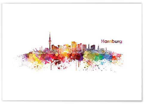 JUNIWORDS Poster mit/ohne Holzrahmen, Wähle ein Motiv, Aquarell Skyline Hamburg, Wähle eine Größe, 60 x 90 cm (XL) ohne Rahmen